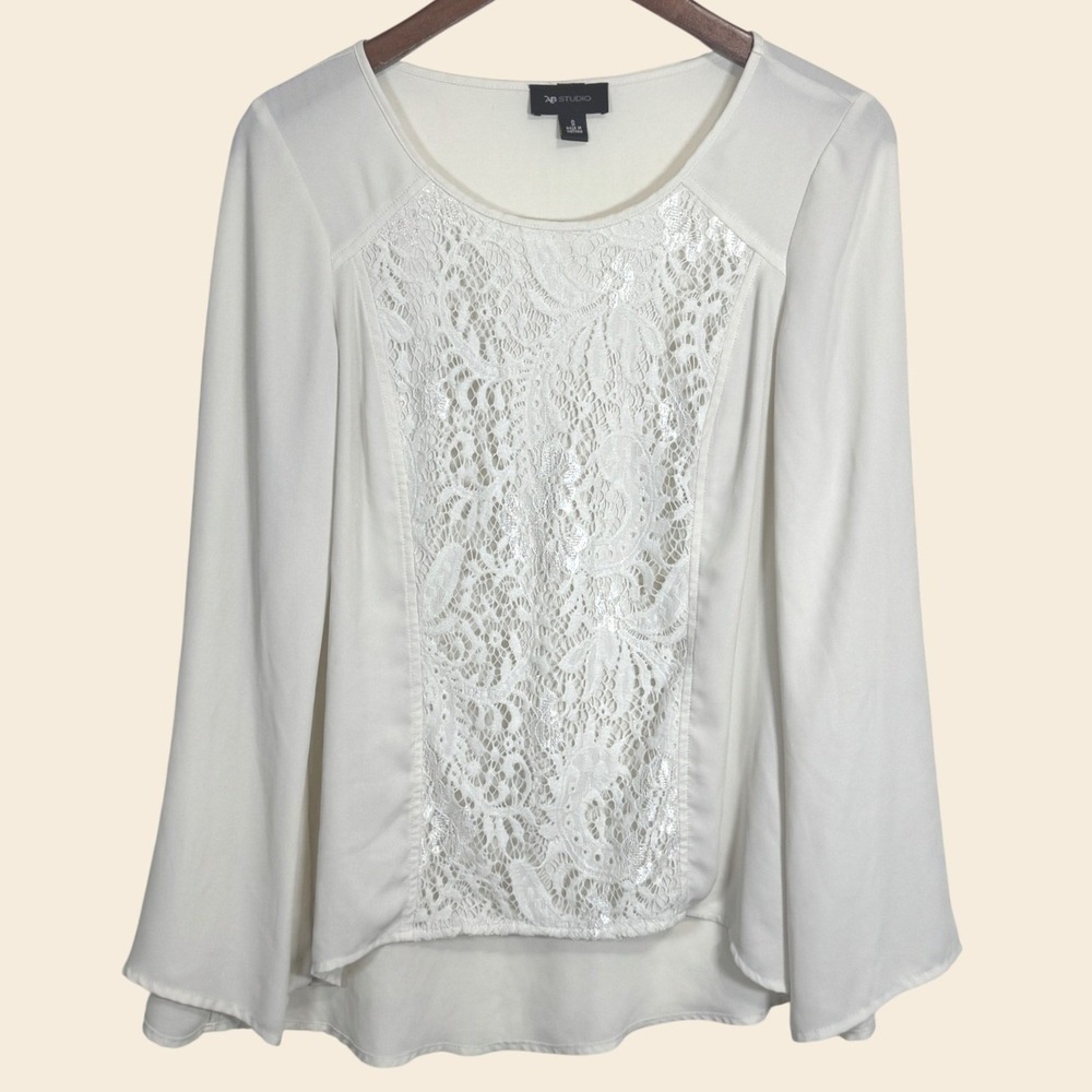 AB Studio Vanilla Lace Front Blouse Small Cream Long Sleeve High Low Top